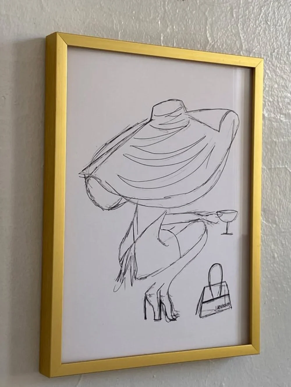 Medium Fashion Art Sketch of a Woman Wearing Jacquemus in Gold Frame